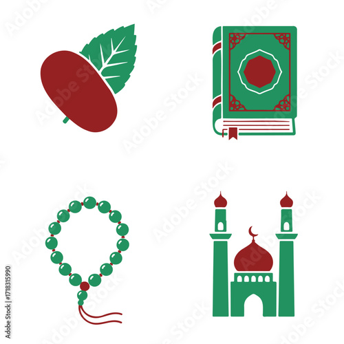 Four Islamic Symbols:  A date fruit, a Quran, prayer beads, and a mosque.