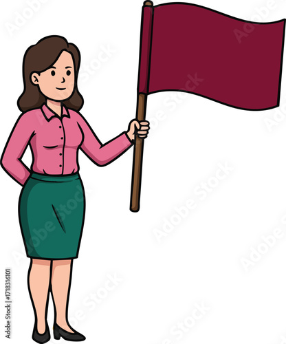 Woman holding burgundy flag with green skirt and pink shirt vector illustration standing pose 