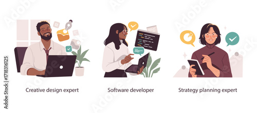 Three vector illustrations of modern business roles—creative designer, software developer, and strategy planner—working with digital tools and analytics.