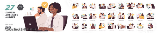A bundle of 27 editable vector illustrations showing digital business concepts like content creation, planning, teamwork, and online promotion.