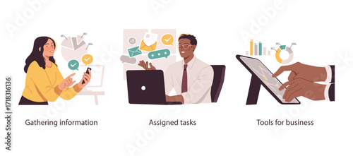 Three modern vector illustrations showing key business processes—collecting information, managing assigned tasks, and using digital tools for operations.
