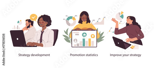 Three flat-style vector illustrations showing strategic development, analyzing promotional statistics, and refining business strategies for better results.