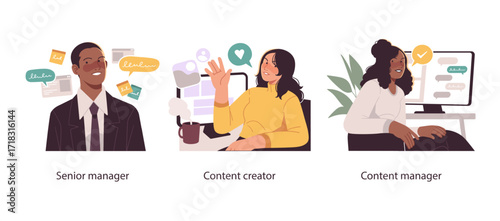 Three vector illustrations showing key digital roles—senior manager overseeing strategy, content creator producing media, and manager organizing workflow.