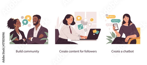 Three vector illustrations representing digital community building, creating engaging content for followers, and developing a chatbot for interaction.