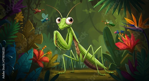 Cartoon praying mantis in lush vibrant jungle setting with colorful flowers and leaves