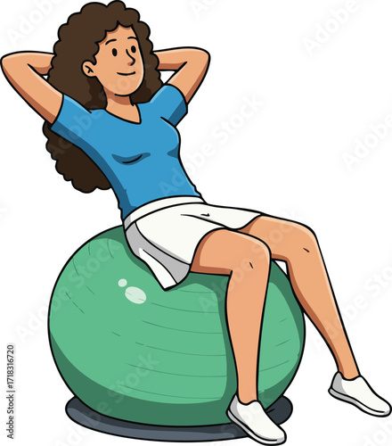 Woman relaxing and exercising on green fitness ball in casual sportswear vector illustration 