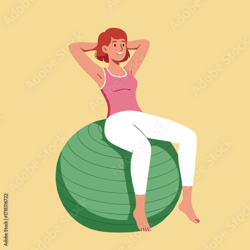 Woman exercising on green fitness ball in casual workout clothing with relaxed posture and smiling face 