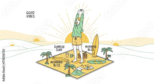 Illustration of a woman stretching on a beach mat surrounded by surfboards and palm trees with the