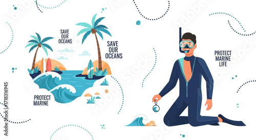 Illustration promoting ocean conservation with a diver and a tropical island scene emphasizing
