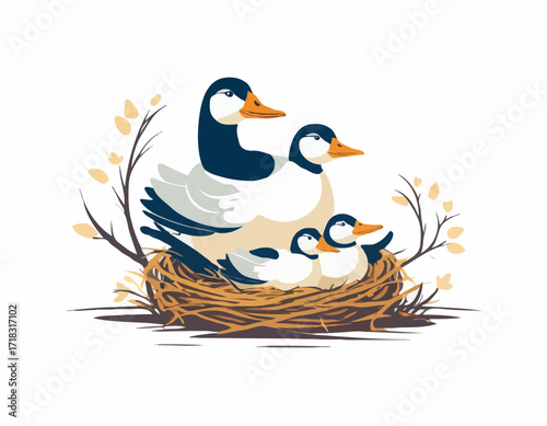 Mother Goose Protecting Young Nest Image vector isolated on white background.