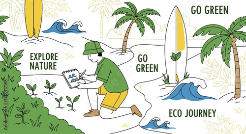 Illustrative eco-friendly journey depicting nature exploration and sustainability efforts with care