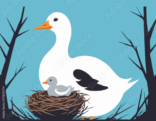 Mother Goose Protecting Young Nest Image vector isolated on white background.