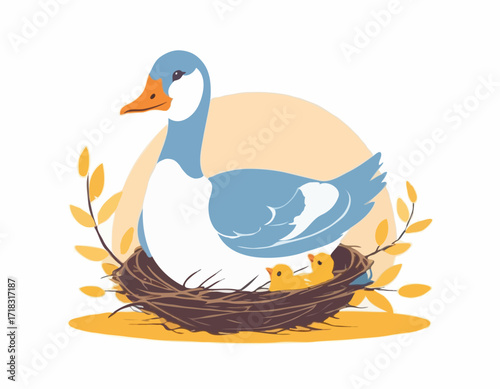Mother Goose Protecting Young Nest Image vector isolated on white background.