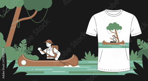 Illustrative t-shirt design featuring an explorer paddling in a canoe through the jungle scene