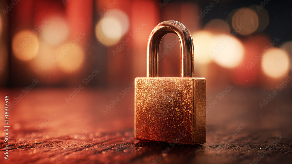 Fototapeta premium Metal lock on a wooden table with a blurred background.