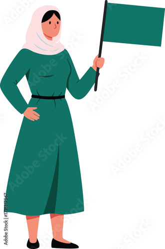 Woman wearing hijab holding green flag standing confidently vector illustration in simple style 