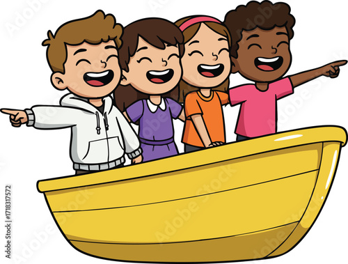 Group of diverse children happily pointing while standing in yellow boat vector illustration 