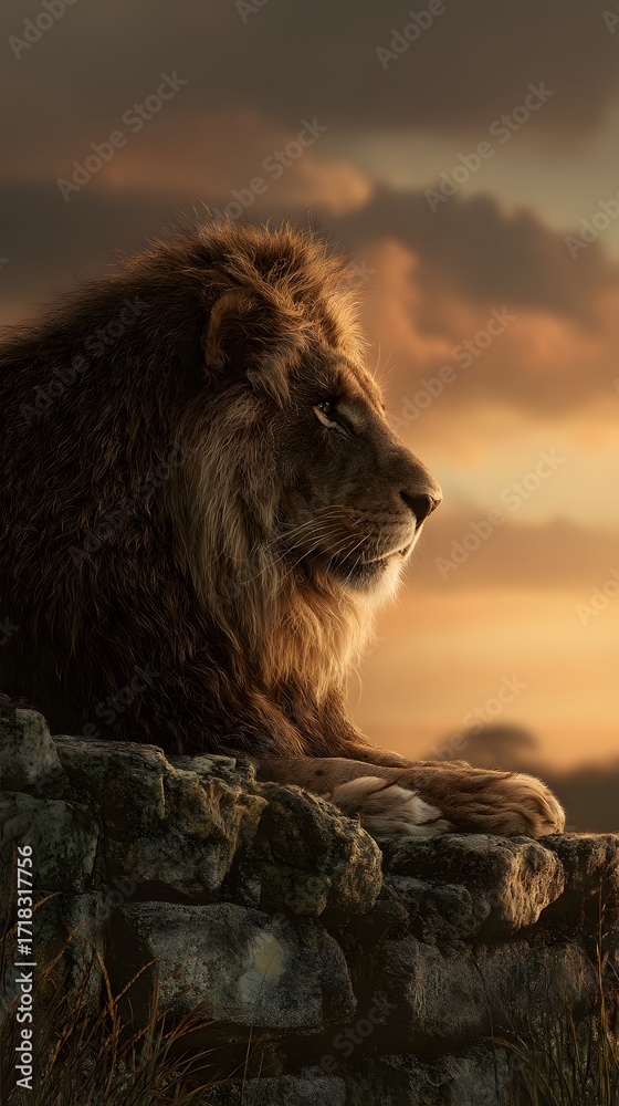 Naklejka premium Lion king observing savanna at golden hour sunset
