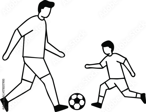 Father and son playing soccer together vector illustration in simple line art style for family leisure and outdoor activity concepts 