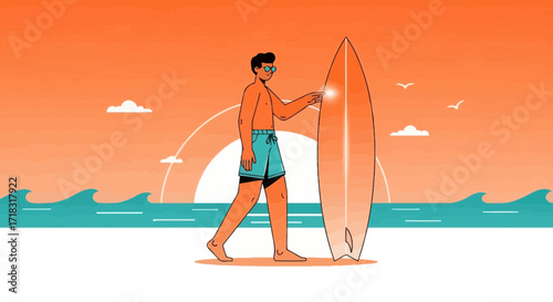 Man walking on the beach with surfboard at sunset, enjoying summer vacation perfect day