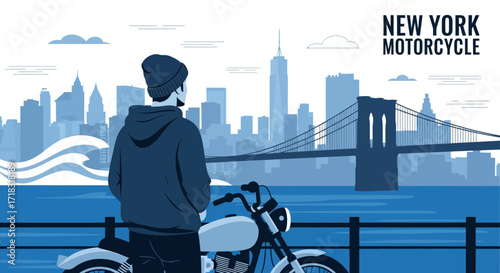 Motorcycle rider contemplating the New York City skyline near Brooklyn Bridge illustration