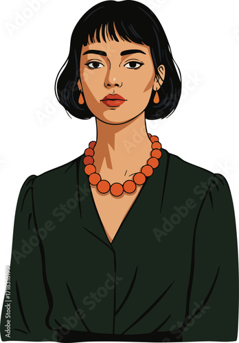 Woman with short black hair wearing dark green blouse and red bead necklace vector illustration portrait 