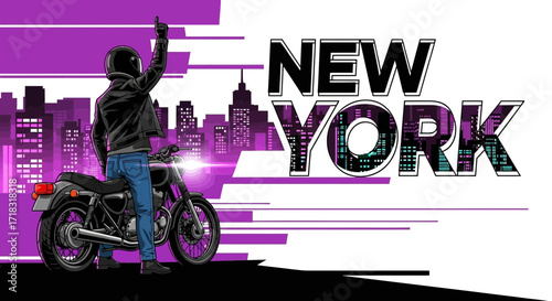 Motorcycle rider with New York City skyline vector illustration on a violet background