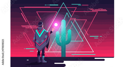 Neon Desert Dream: A Digital Illustration of a Man and a Cactus Amidst Geometric Shapes
