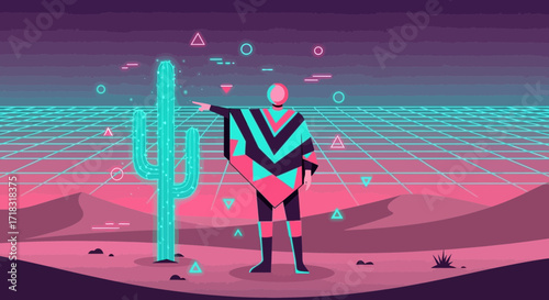 Neon Desert Wanderer: A Retro-Futuristic Adventure with Stylized Character and Landscape