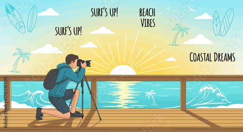 Photographer Capturing Coastal Scenery with Surfboards, Palm Trees and Beach Vibes Illustration