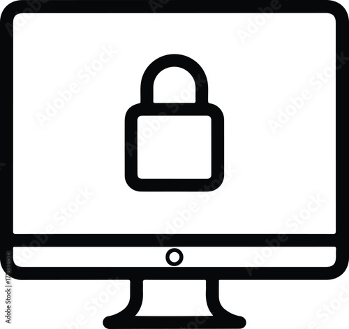 Silhouette desktop computer monitor with padlock displaying online security vector illustration