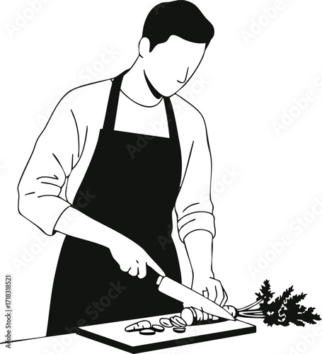 Man wearing apron cutting vegetables on chopping board in kitchen vector illustration 