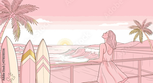 Pink paradise: A serene beach scene with woman surfboards and tropical vibe illustration