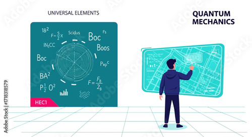 Quantum Mechanics Illustration Displaying Universal Elements and Technological Interface