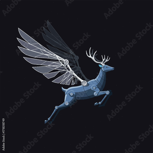 A mechanical deer with large translucent wings in a dark starry sky