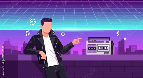 Retro vibes illustration with a man, boombox and cityscape, evocative of 80s style and music