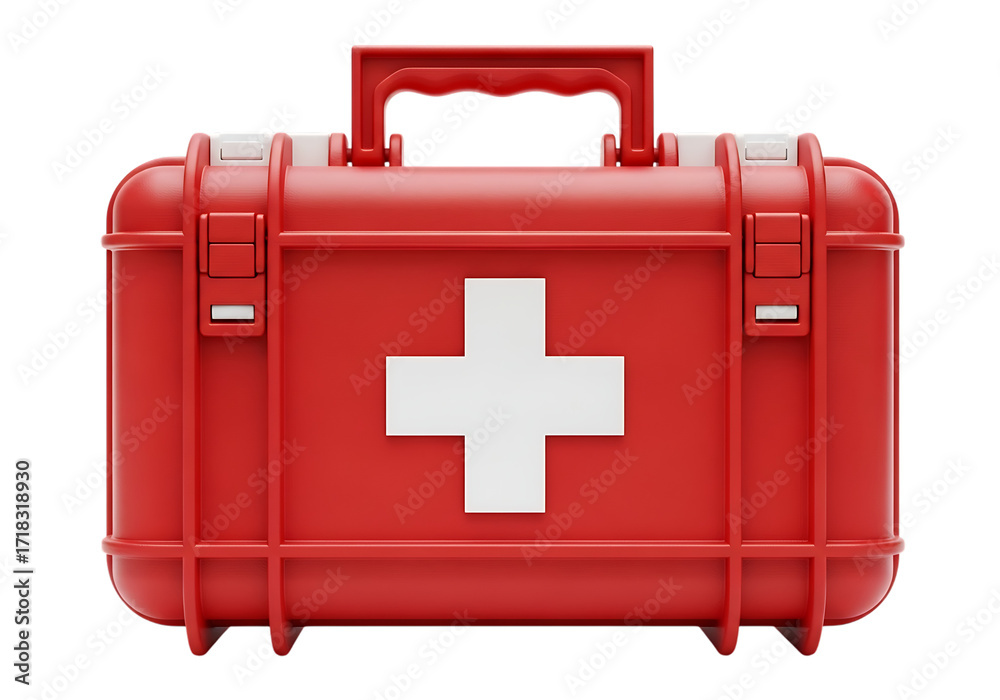 Fototapeta premium Red first aid kit with white cross symbol isolated on transparent background