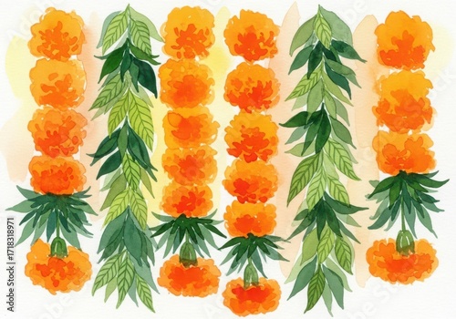 A vibrant watercolor painting of marigold flower garlands and green leaves, traditionally used for decoration
