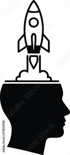 Silhouette head launching rocket representing business start up vector illustration