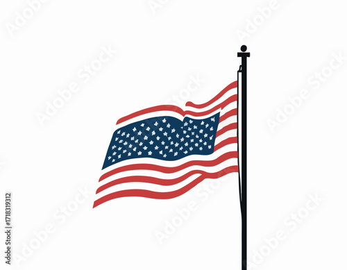 USA flag flying waving on pole Vector Image isolated on white background.