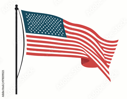 USA flag flying waving on pole Vector Image isolated on white background.