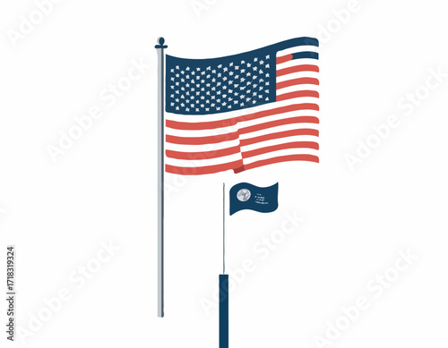 USA flag flying waving on pole Vector Image isolated on white background.