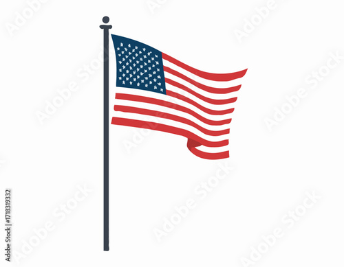 USA flag flying waving on pole Vector Image isolated on white background.
