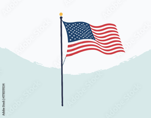 USA flag flying waving on pole Vector Image isolated on white background.