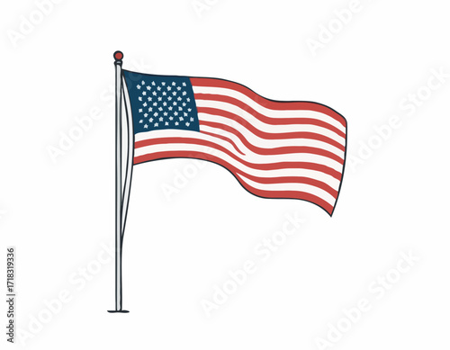 USA flag flying waving on pole Vector Image isolated on white background.