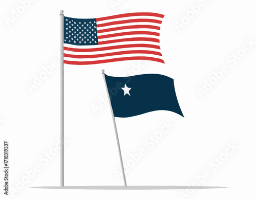 USA flag flying waving on pole Vector Image isolated on white background.
