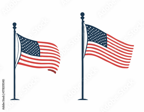 USA flag flying waving on pole Vector Image isolated on white background.