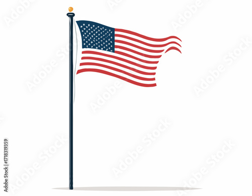 USA flag flying waving on pole Vector Image isolated on white background.