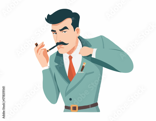 Detective Man Character Smoking Pipe image vector Stock Illustration on white background.