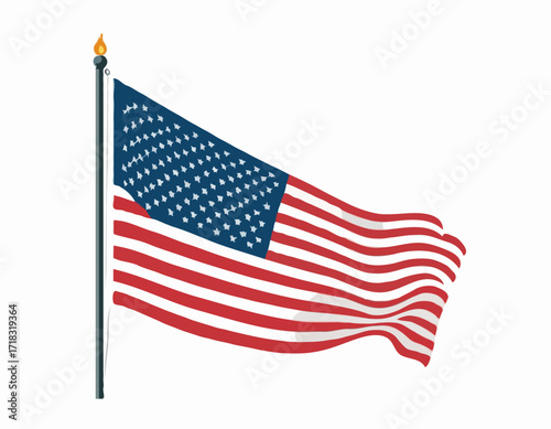 USA flag flying waving on pole Vector Image isolated on white background.